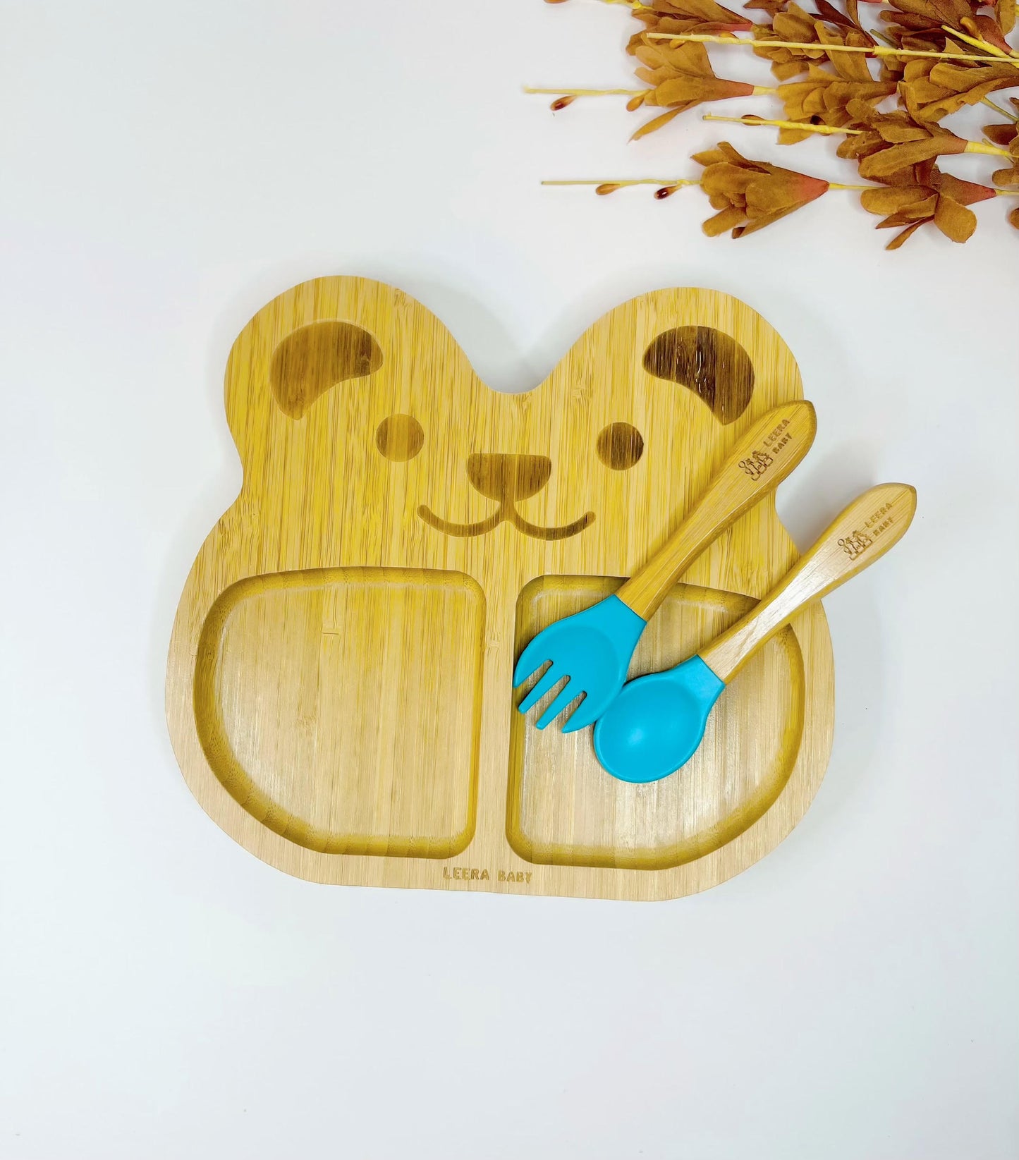 Animal Bear Bamboo Suction Plate, + Spoon + Fork