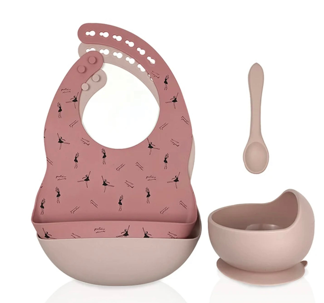 Baby/Toddler Silicone Patterned Bib Weaning Set, Food Catcher Bib, Suction Bowl + Spoon, Eco-Friendly. (Ballerina)