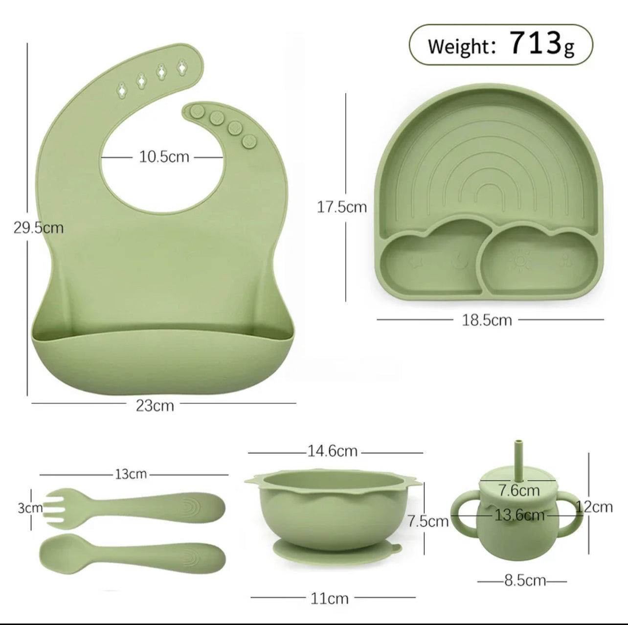 Silicon Baby Suction Plate, Baby Weaning set, Baby/Toddler Dinnerware, Bib, Spoon and Fork