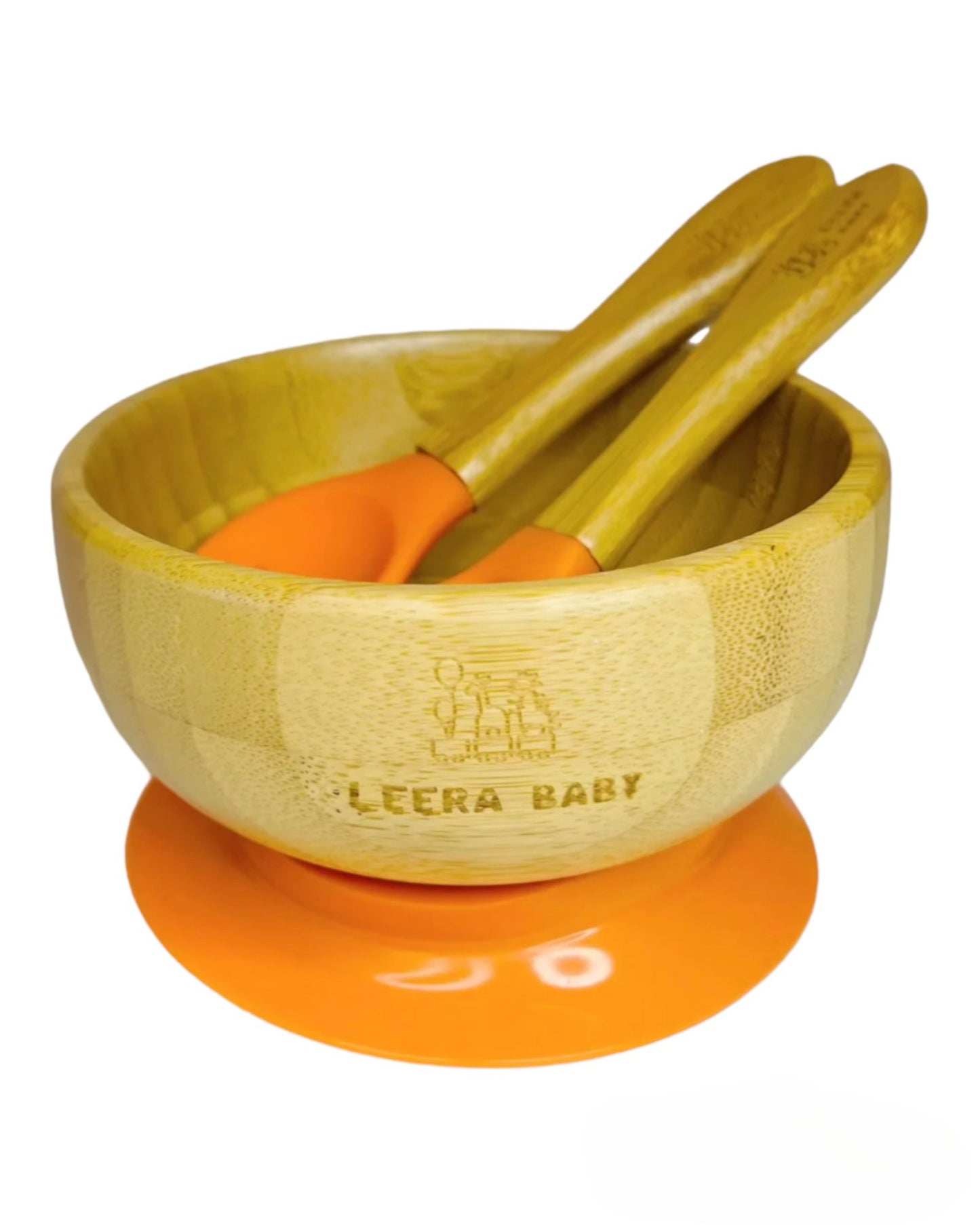 Bamboo Silicone Suction Bowl + Spoon + Fork, Baby / Toddler Weaning Bowl, Eco-Friendly.