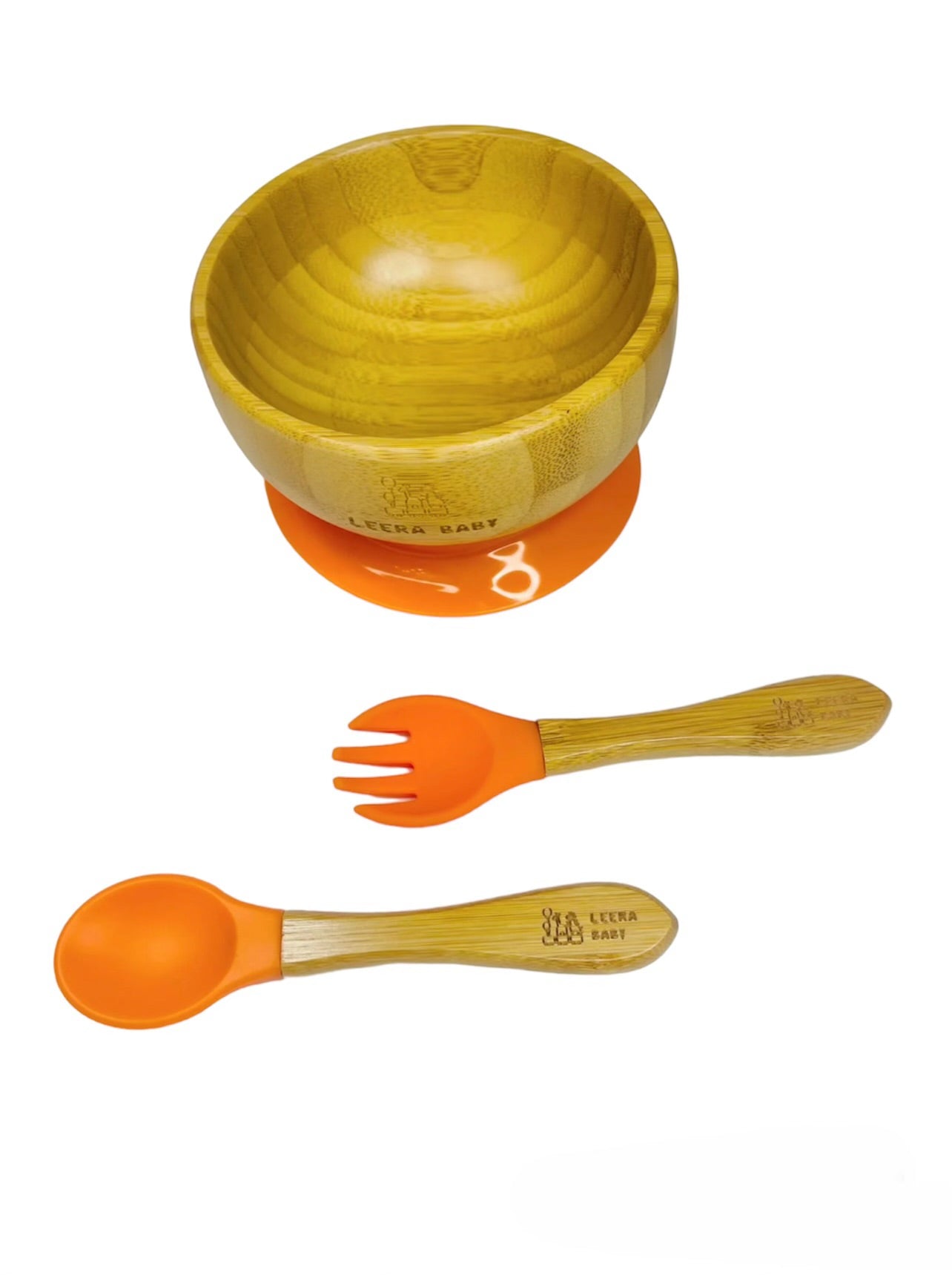 Bamboo Silicone Suction Bowl + Spoon + Fork, Baby / Toddler Weaning Bowl, Eco-Friendly.