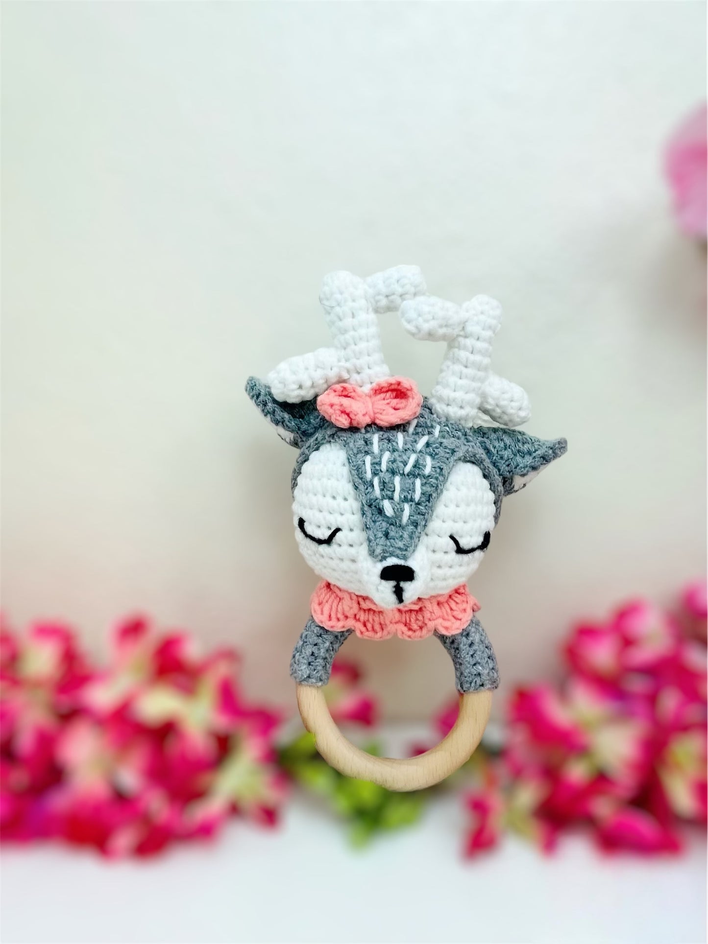 Hand made Crochet Deer Doll, Stuffed Animal Plush Toy With Teething Rattle, Pacifier Clip, And Stroller Clip, Cuddle Play and Bed Time Friend.