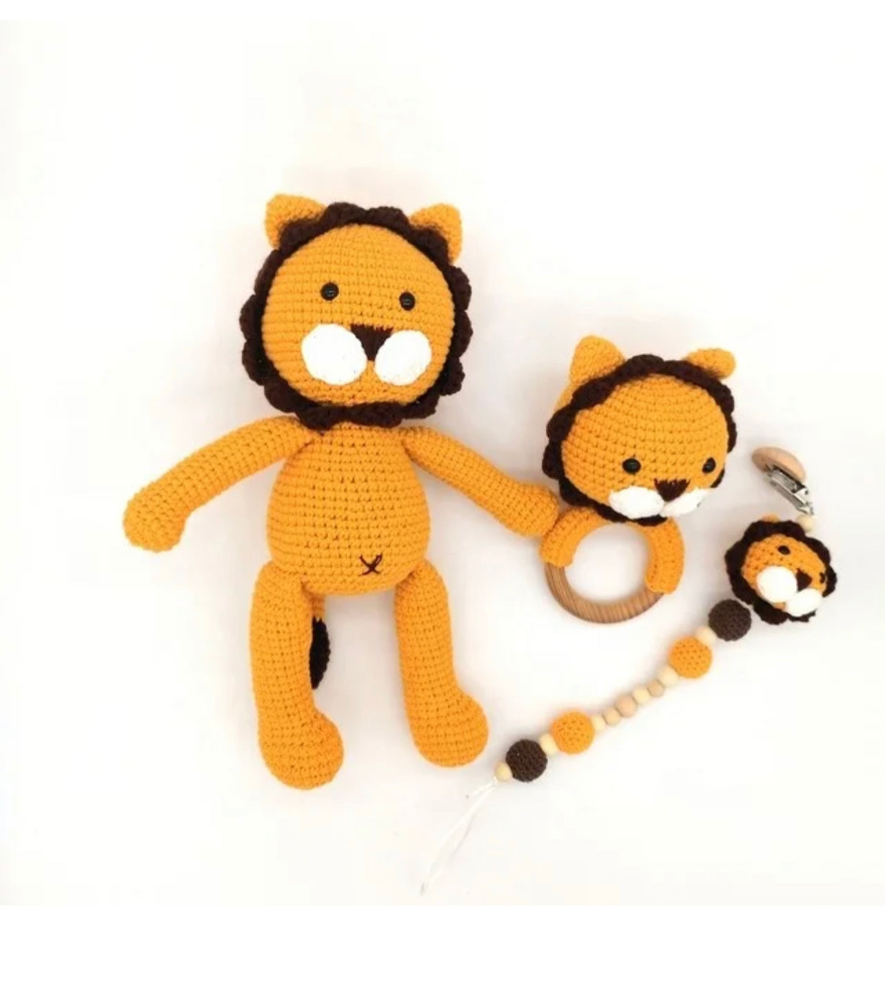 Crochet Lion Toy with Teething Rattle and Pacifier Holder.