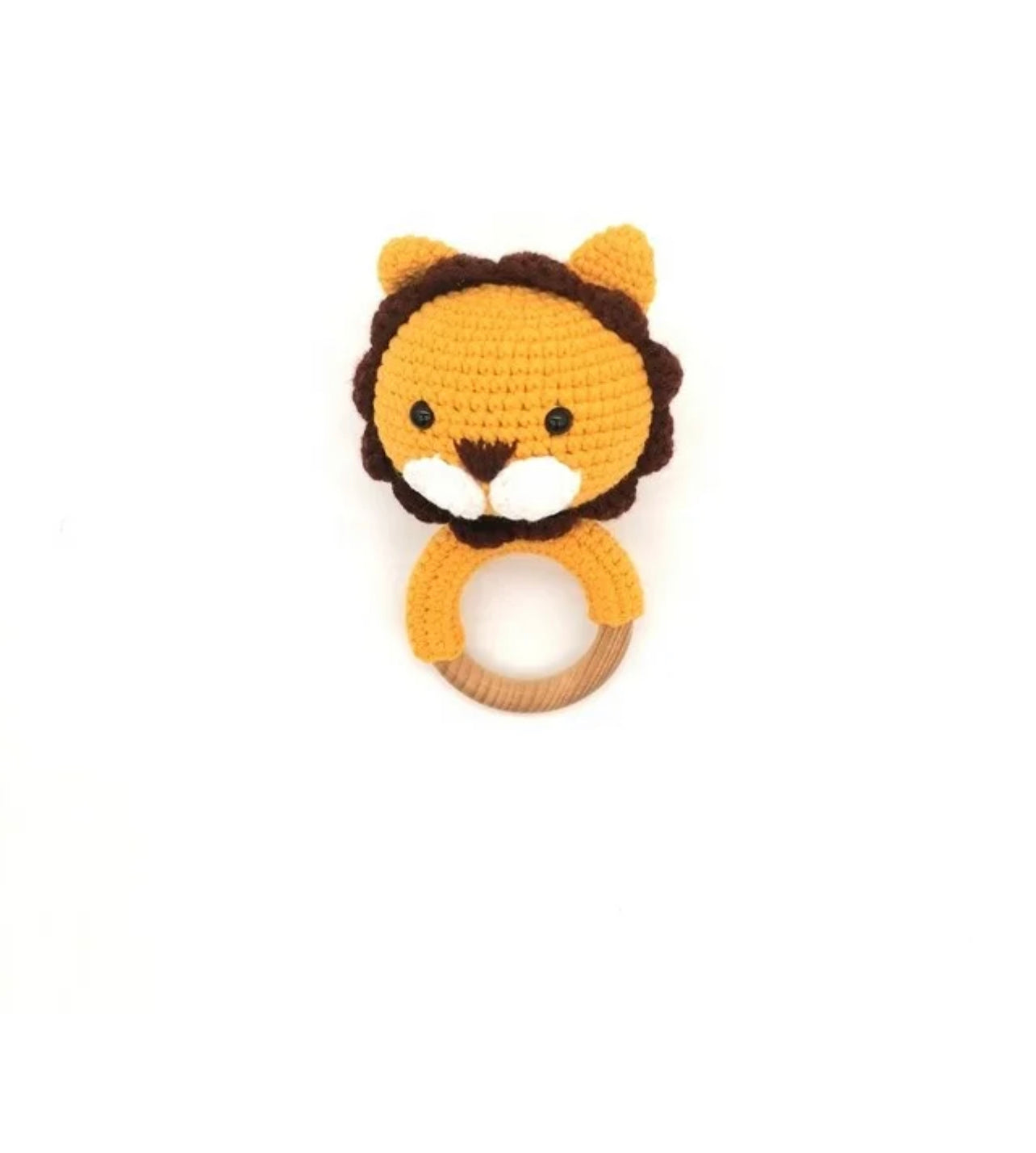 Crochet Lion Toy with Teething Rattle and Pacifier Holder.