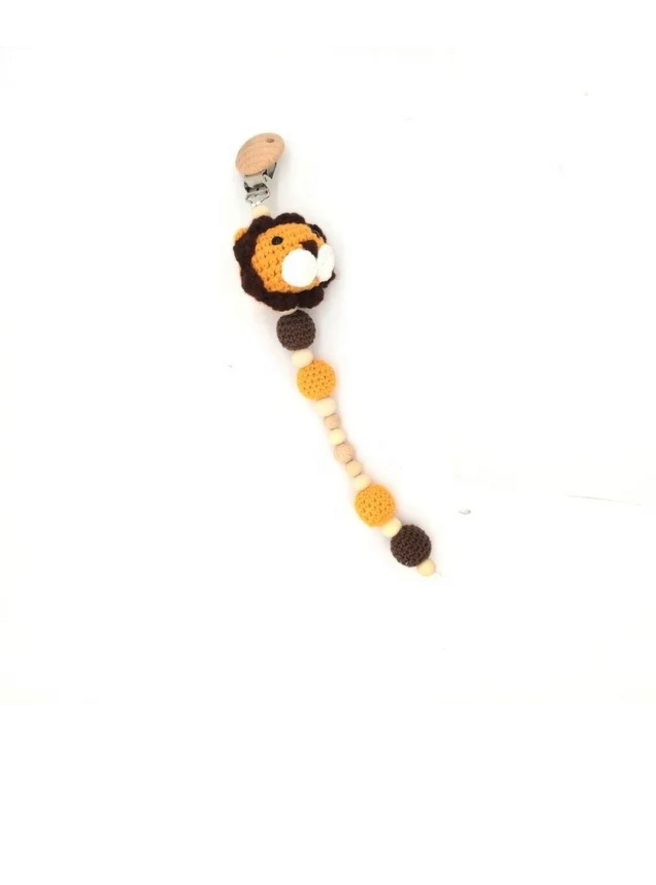 Crochet Lion Toy with Teething Rattle and Pacifier Holder.