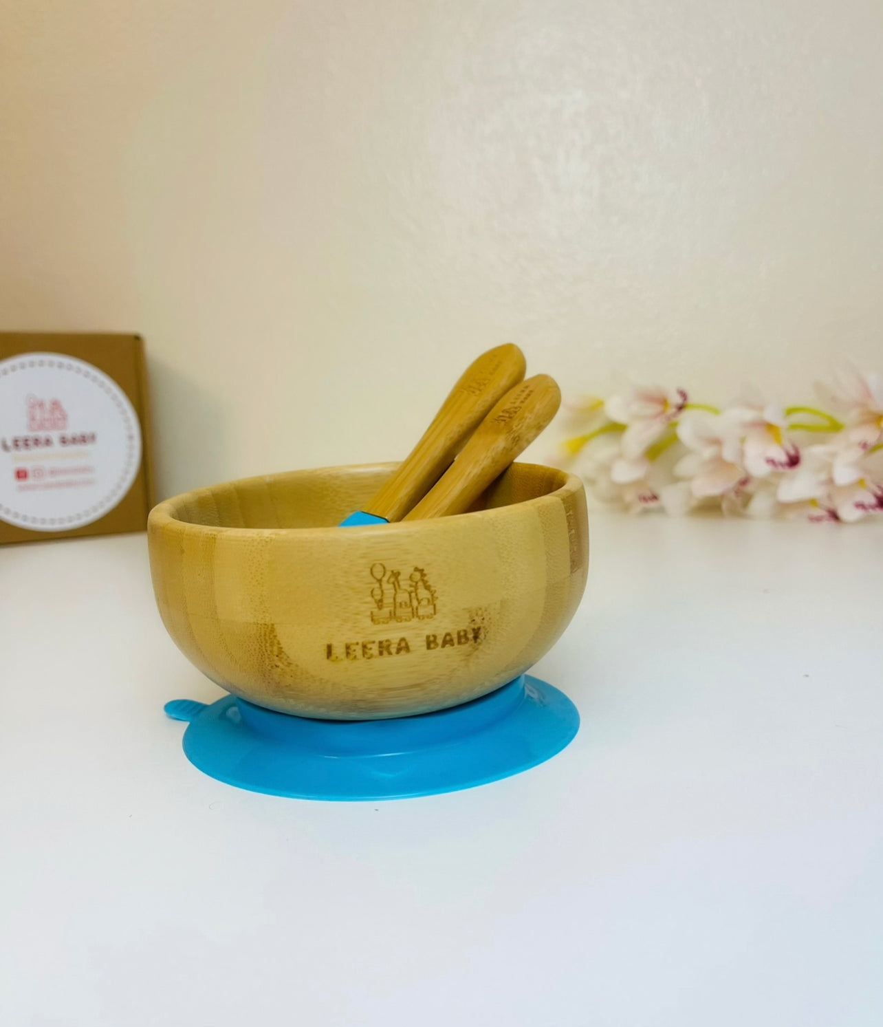 Bamboo Silicone Suction Bowl + Spoon + Fork, Baby / Toddler Weaning Bowl, Eco-Friendly.