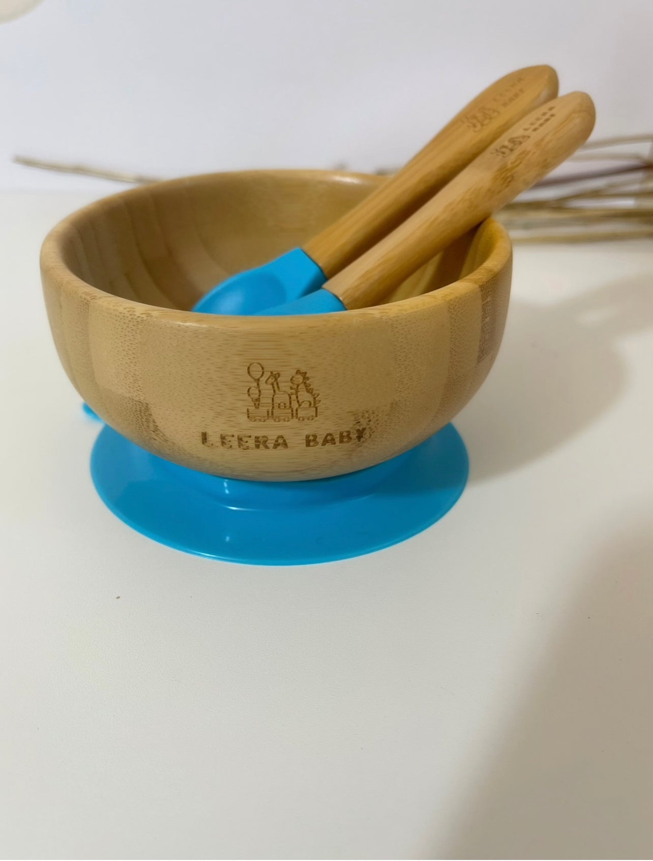 Bamboo Silicone Suction Bowl + Spoon + Fork, Baby / Toddler Weaning Bowl, Eco-Friendly.