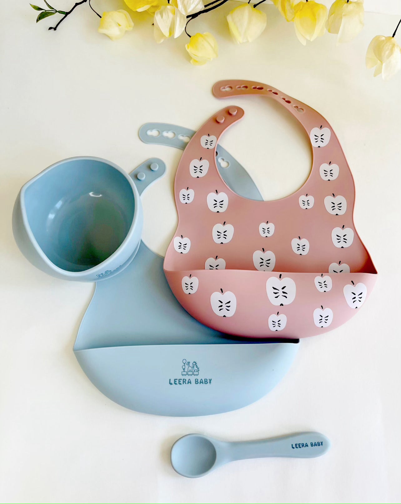 Baby / Toddler Silicone Printed Pattern Bib Weaning Set. ( apple )