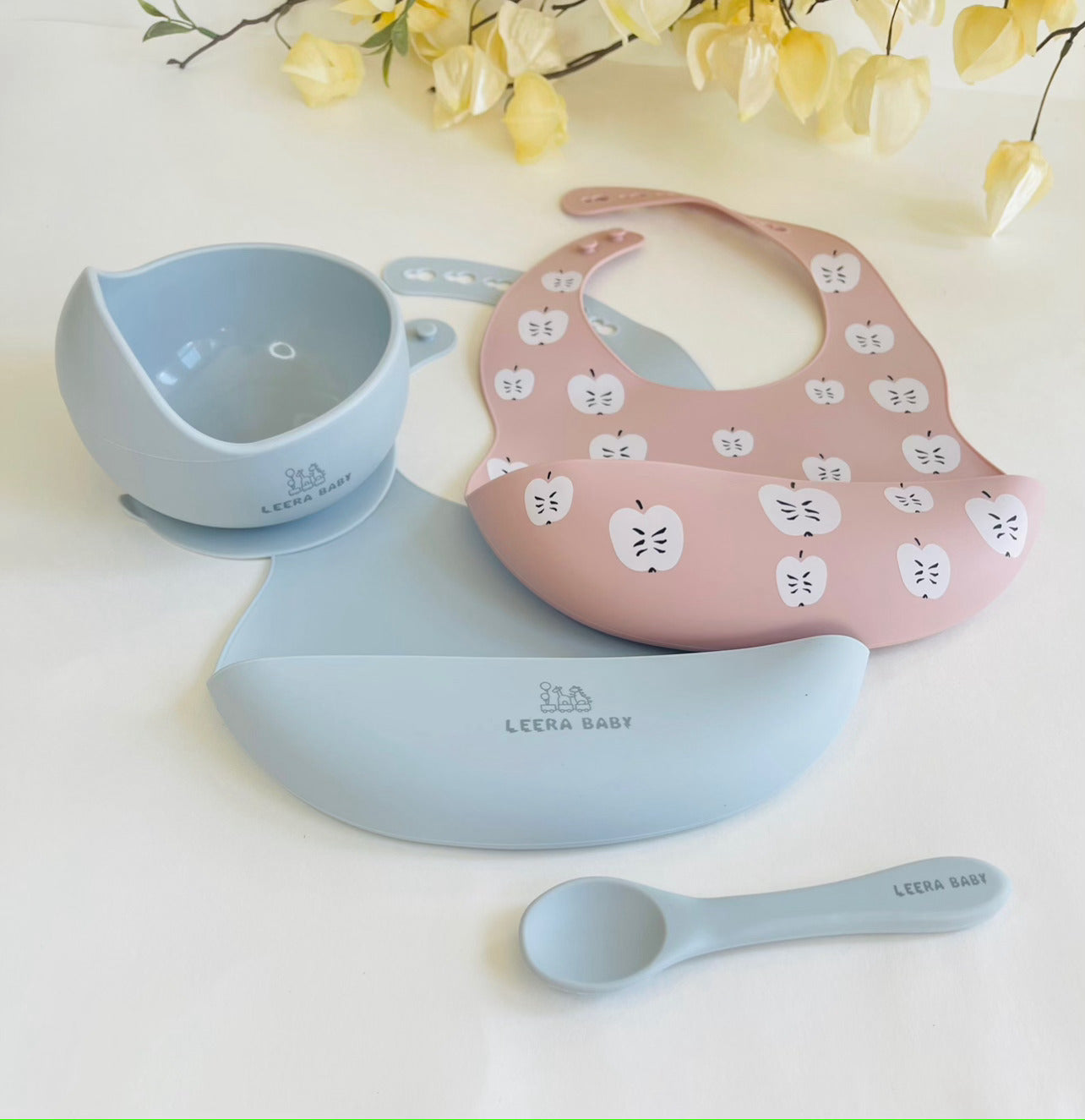 Baby / Toddler Silicone Printed Pattern Bib Weaning Set. ( apple )