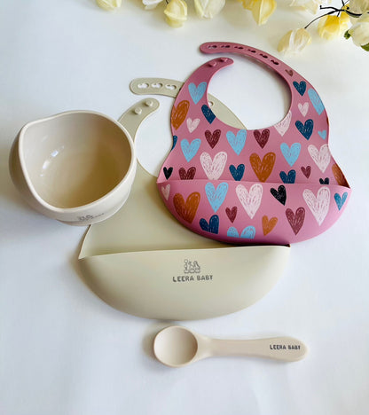 Baby/Toddler Silicone Printed Pattern Bib Weaning Set. ( Heart )