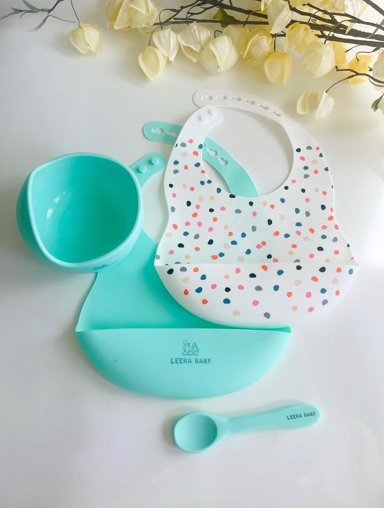 Baby / Toddler Silicone Printed Pattern Bib Weaning Set. ( Dots )