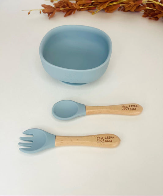 Silicone Suction bowl with spoon and Fork(Blue).