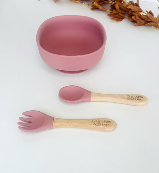 Silicone Suction bowl with spoon and Fork(Dark Pink).