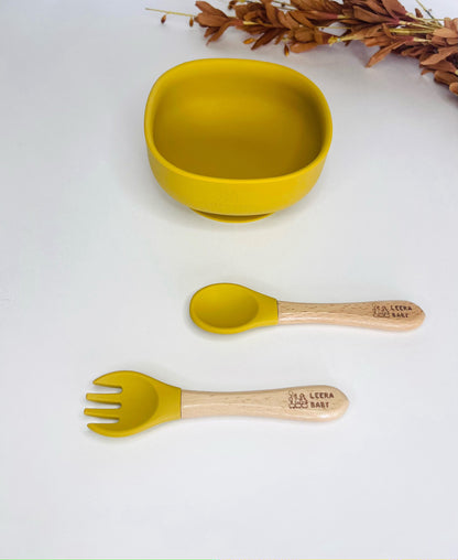 Silicone Suction bowl with spoon and Fork(Yellow).