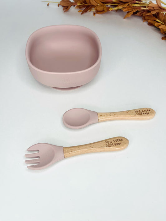 Silicone Suction bowl with spoon and Fork(Light Pink).