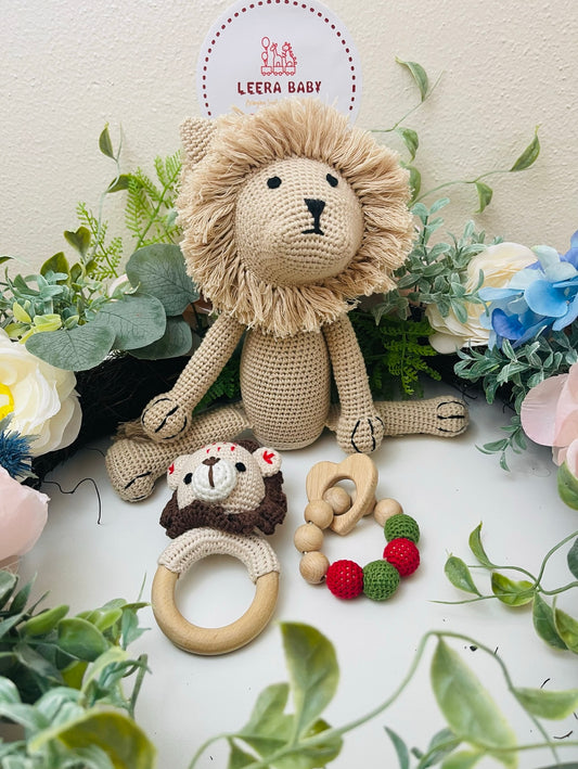 Crochet Lion Toy with Animal Shape Rattle and Teether