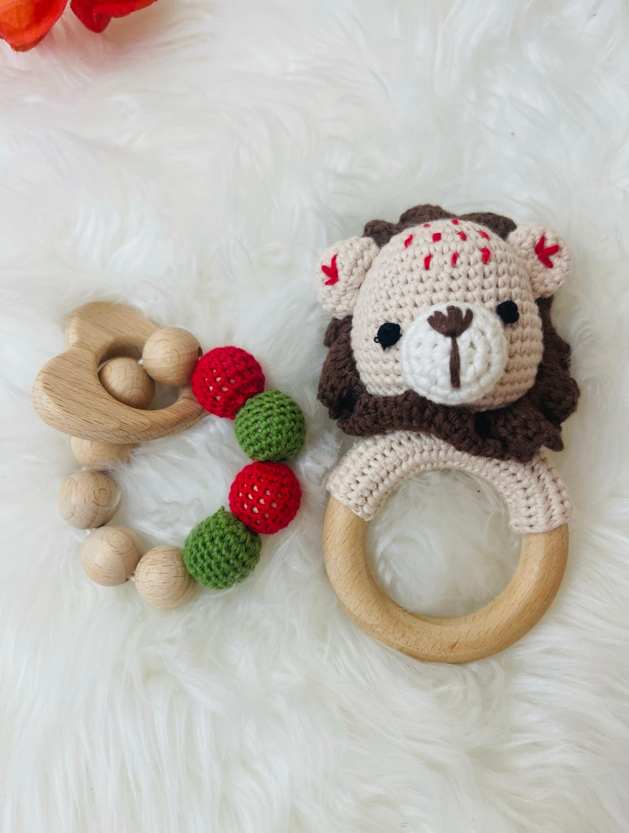 Crochet Lion Toy with Animal Shape Rattle and Teether