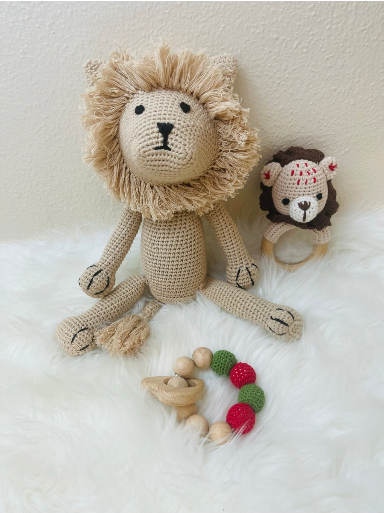 Crochet Lion Toy with Animal Shape Rattle and Teether