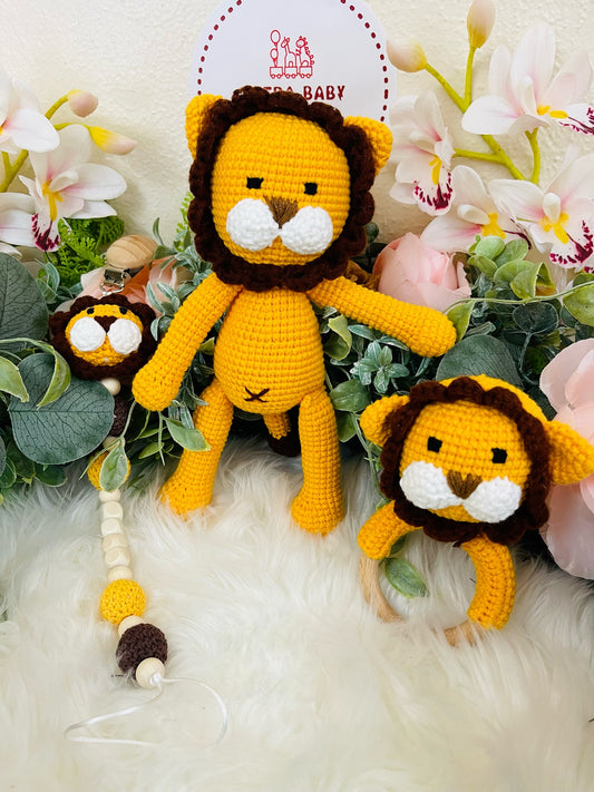 Crochet Lion Toy with Teething Rattle and Pacifier Holder.