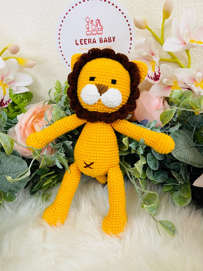 Crochet Lion Toy with Teething Rattle and Pacifier Holder.