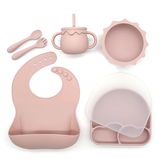 Silicon Baby Suction Plate, Baby Weaning set, Baby/Toddler Dinnerware, Bib, Spoon and Fork