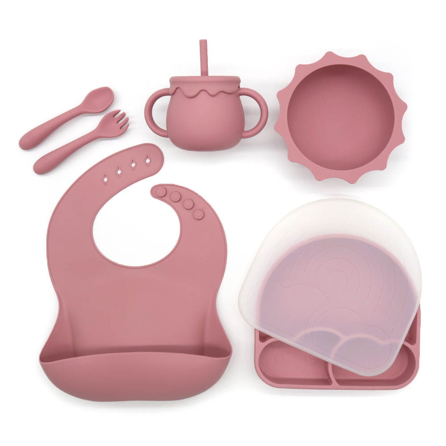 Silicon Baby Suction Plate, Baby Weaning set, Baby/Toddler Dinnerware, Bib, Spoon and Fork