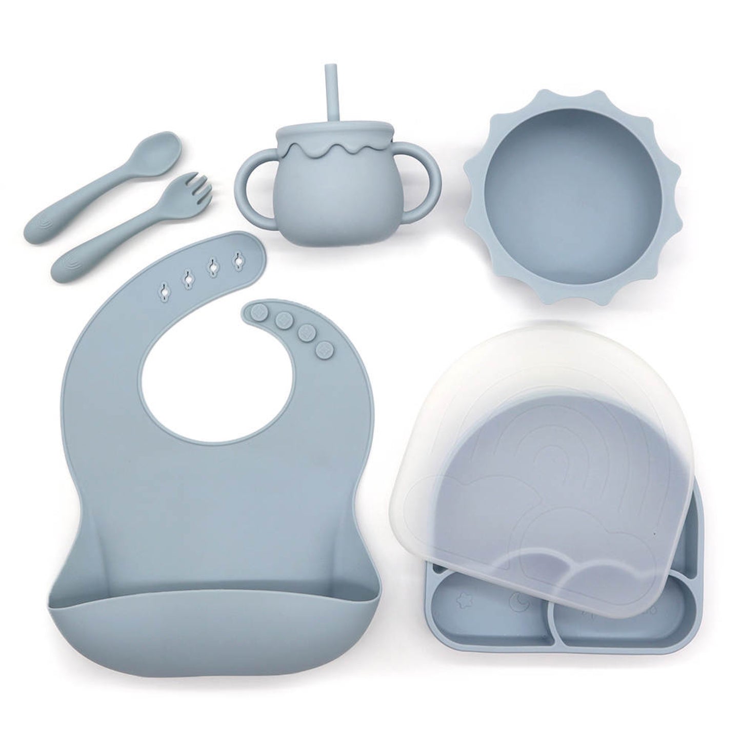 Silicon Baby Suction Plate, Baby Weaning set, Baby/Toddler Dinnerware, Bib, Spoon and Fork