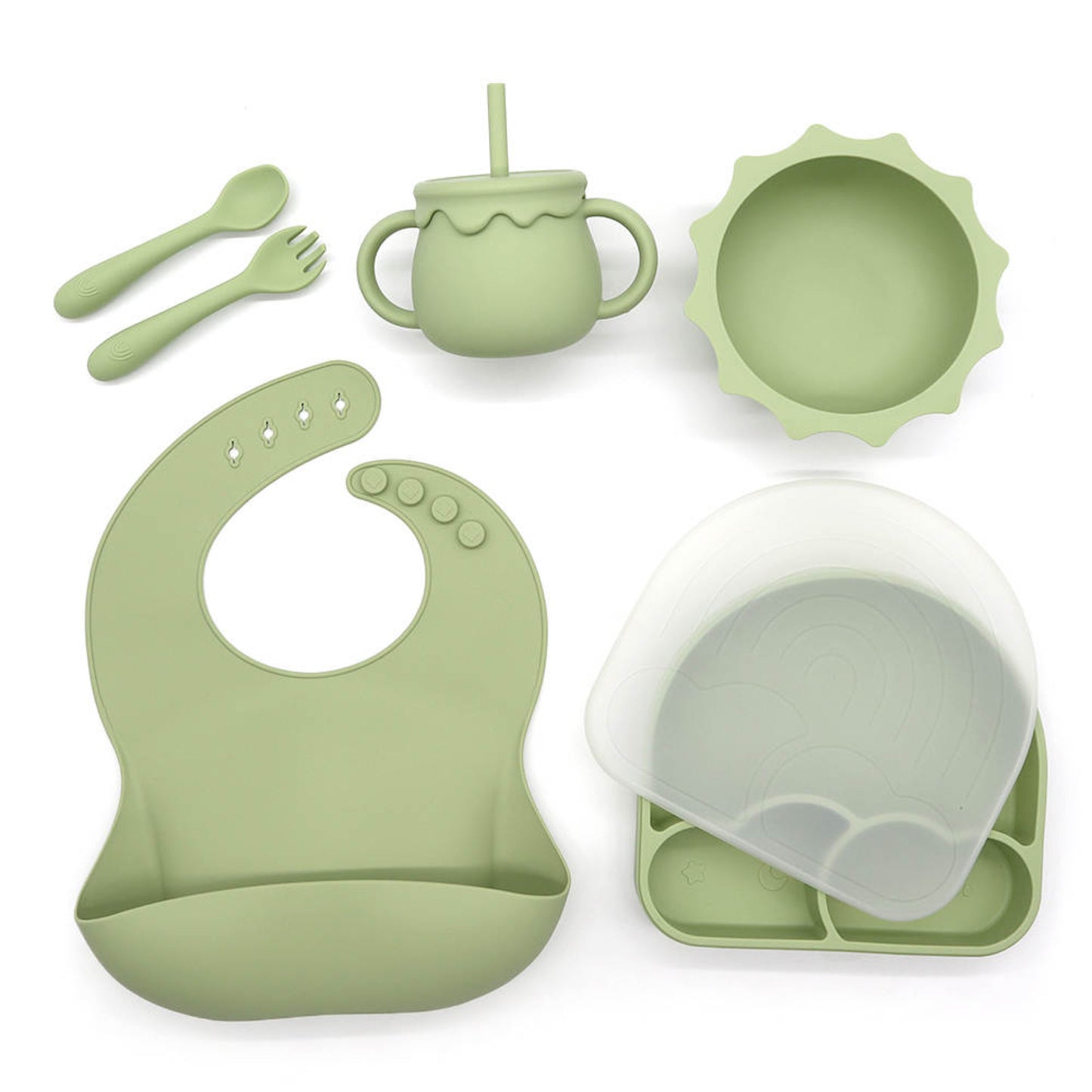 Silicon Baby Suction Plate, Baby Weaning set, Baby/Toddler Dinnerware, Bib, Spoon and Fork