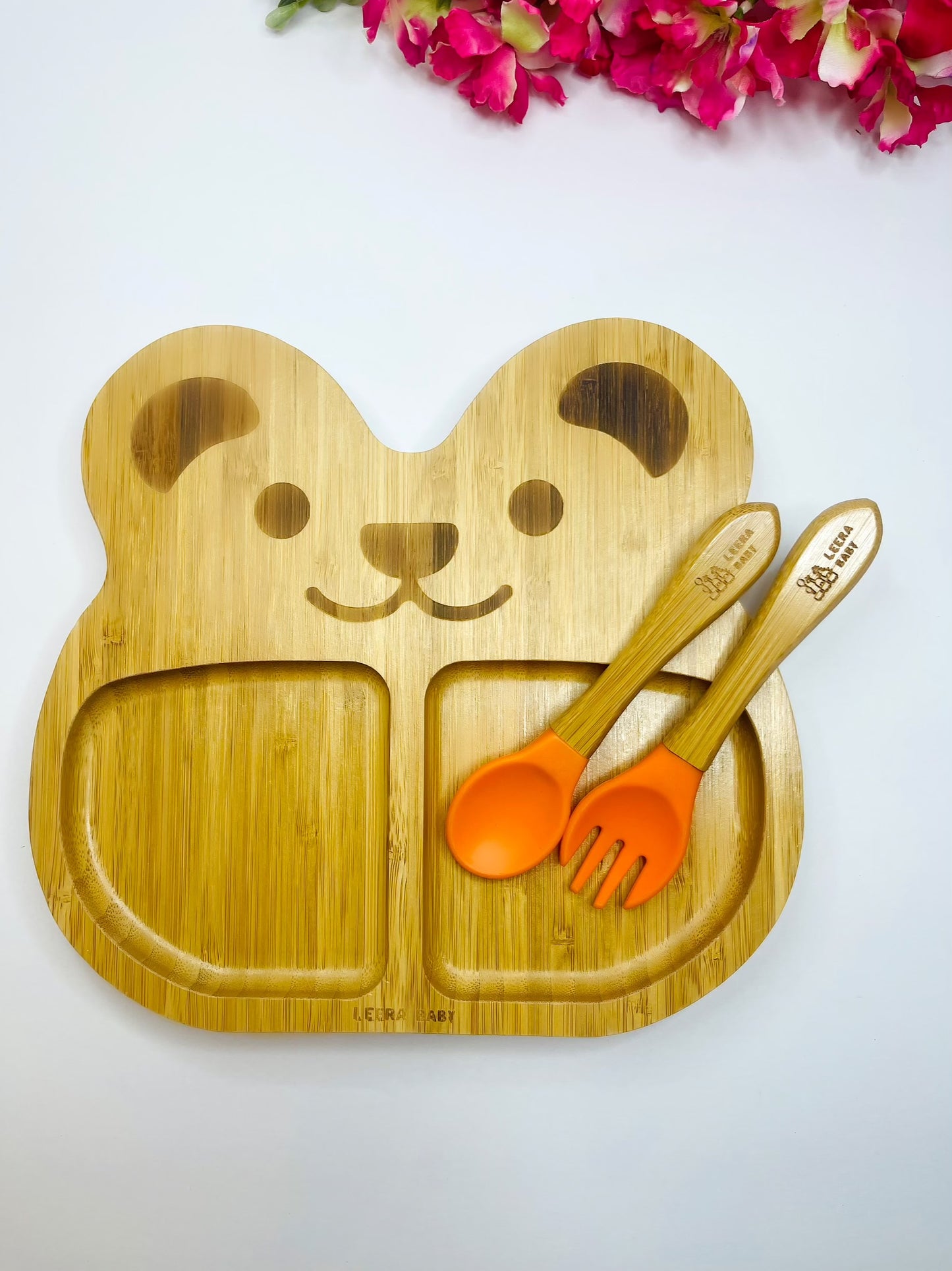 Animal Bear Bamboo Suction Plate, + Spoon + Fork