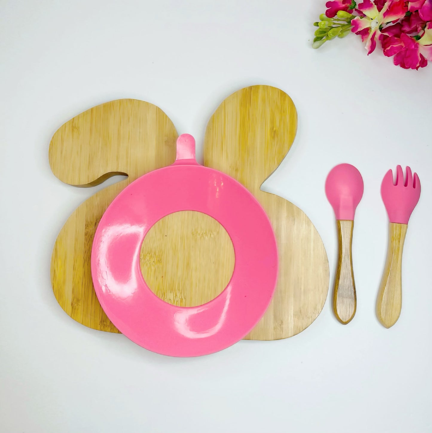 Bunny Bamboo Silicone Suction Plate + Spoon + Fork, Baby/Toddler Mealtime Plate.