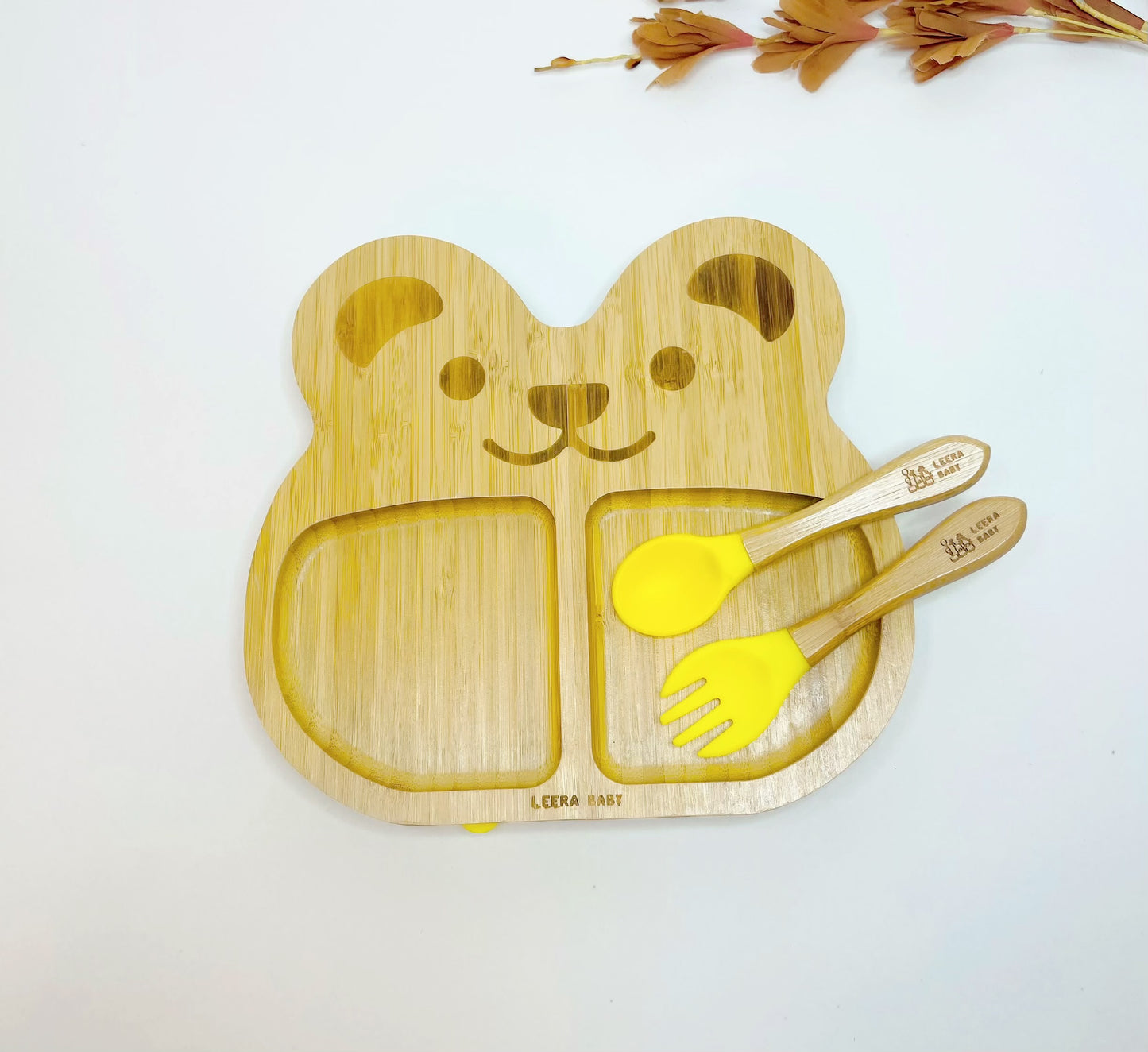 Animal Bear Bamboo Suction Plate, + Spoon + Fork