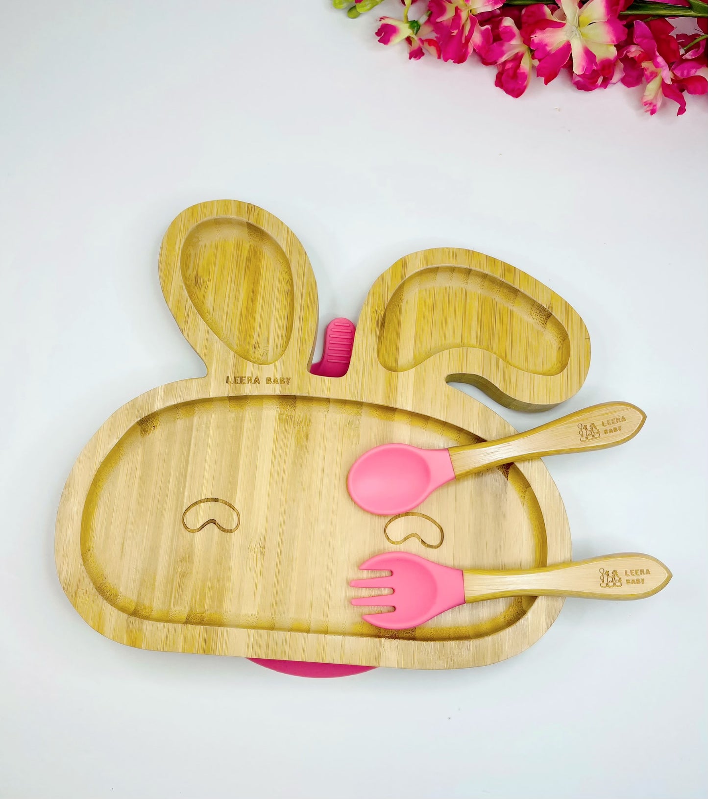 Bunny Bamboo Silicone Suction Plate + Spoon + Fork, Baby/Toddler Mealtime Plate.