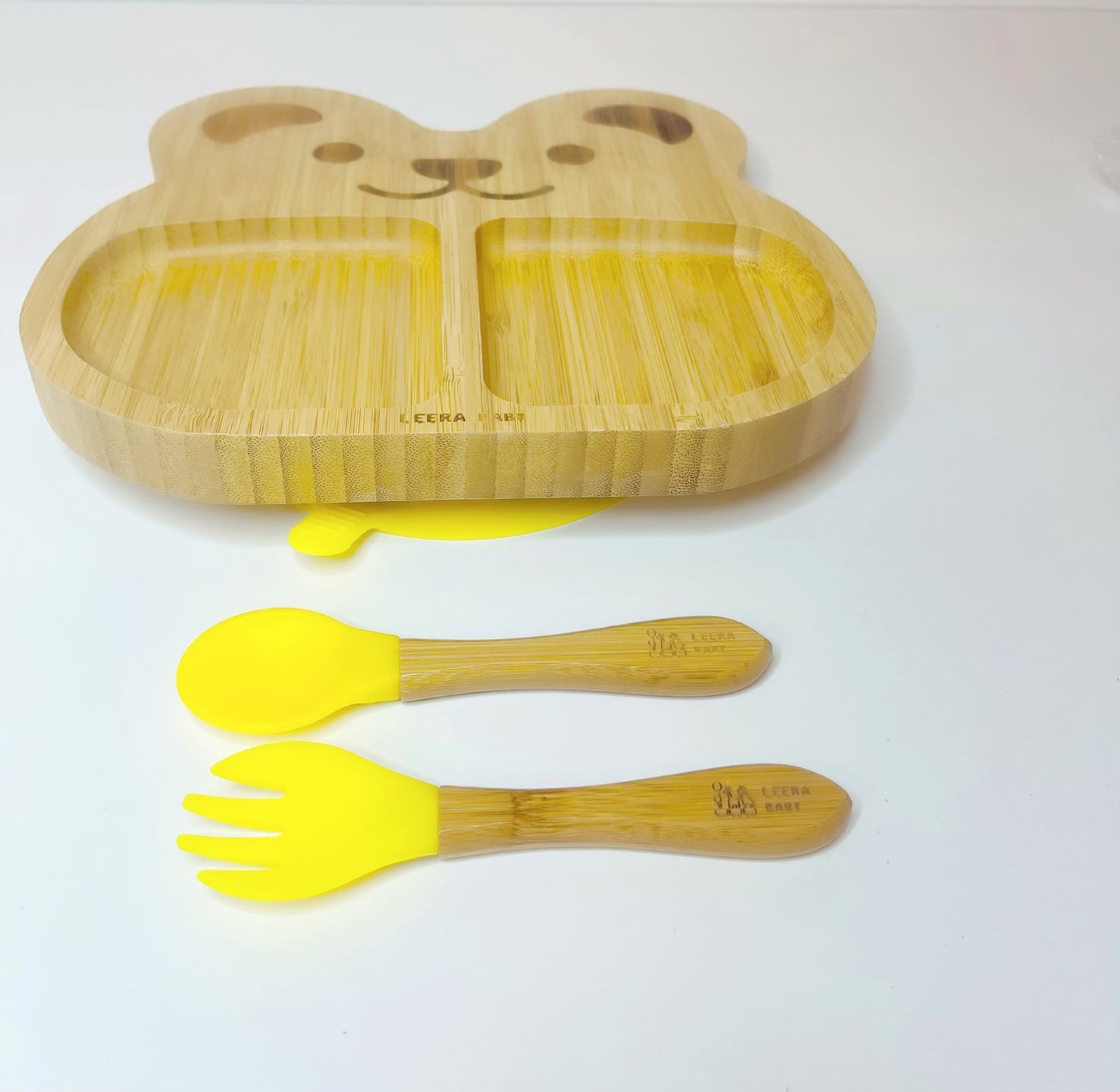 Animal Bear Bamboo Suction Plate, + Spoon + Fork