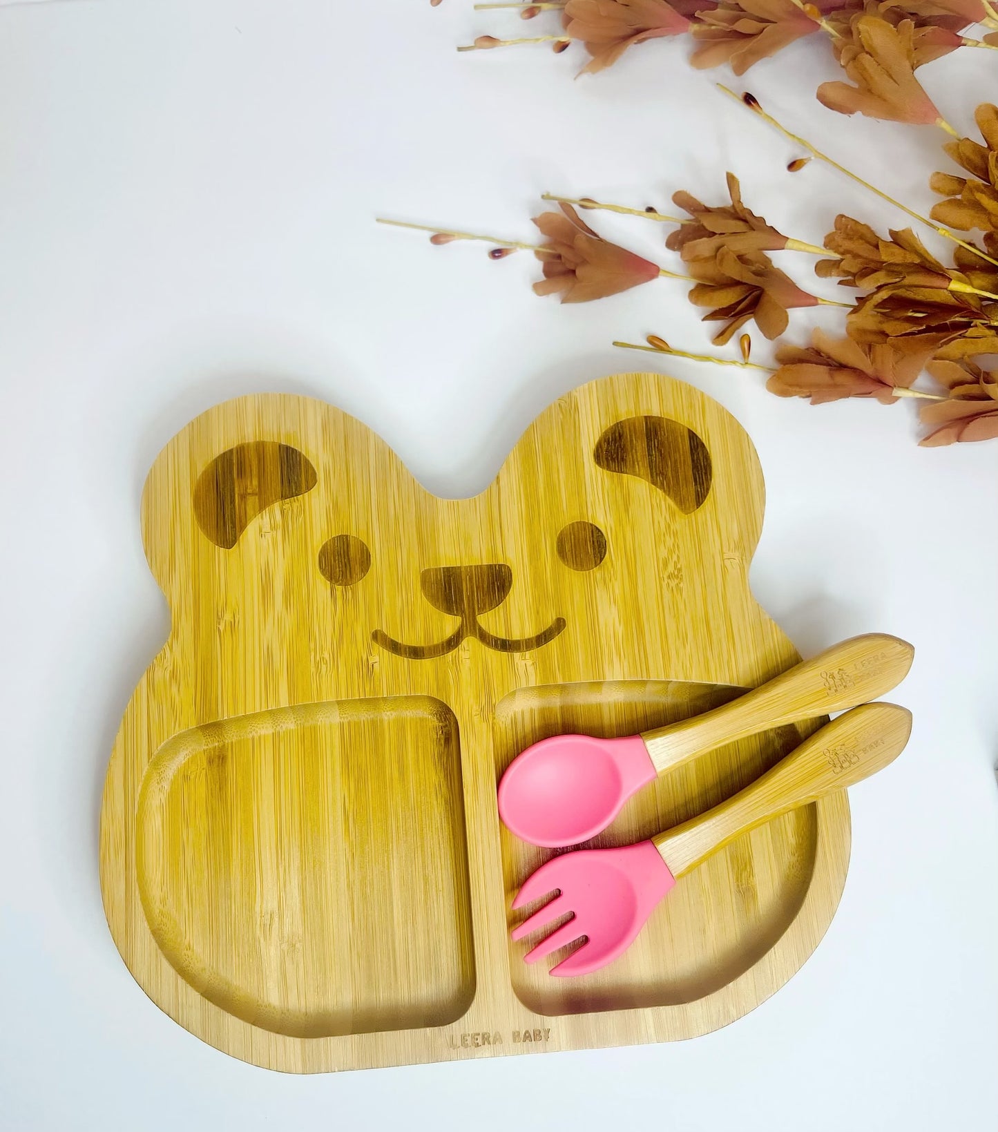 Animal Bear Bamboo Suction Plate, + Spoon + Fork