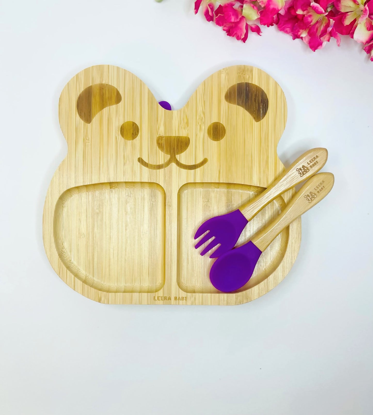 Animal Bear Bamboo Suction Plate, + Spoon + Fork