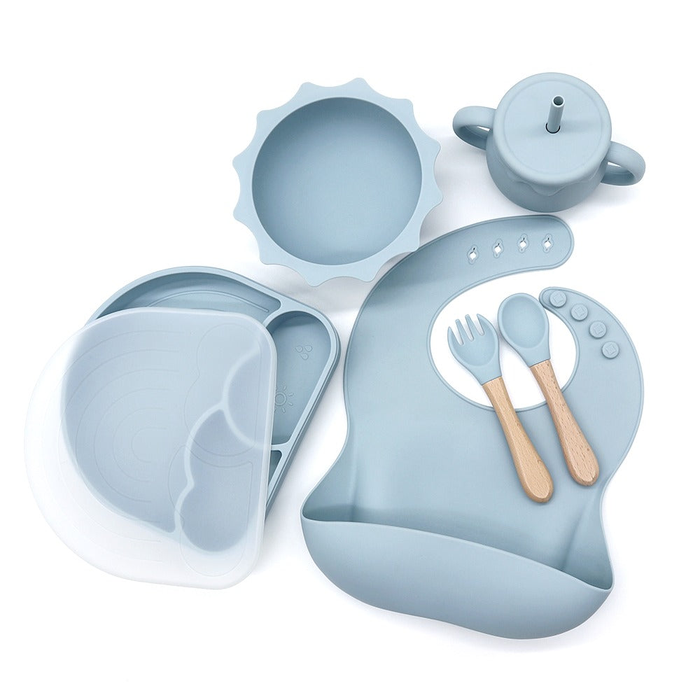 Silicon Baby Suction Plate, Baby Weaning set, Baby/Toddler Dinnerware, Bib, Spoon and Fork