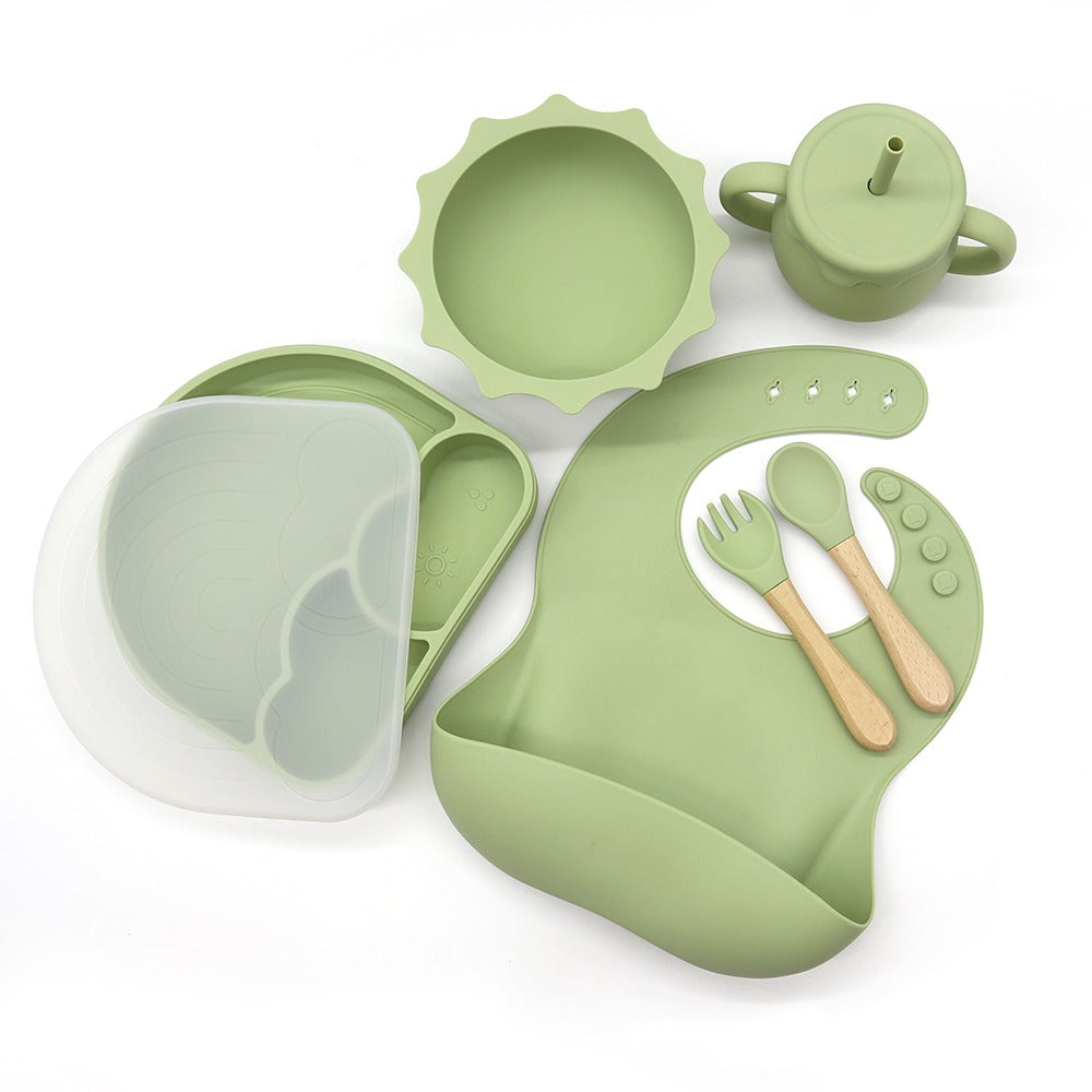 Silicon Baby Suction Plate, Baby Weaning set, Baby/Toddler Dinnerware, Bib, Spoon and Fork