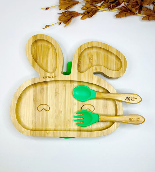 Bunny Bamboo Silicone Suction Plate + Spoon + Fork, Baby/Toddler Mealtime Plate.