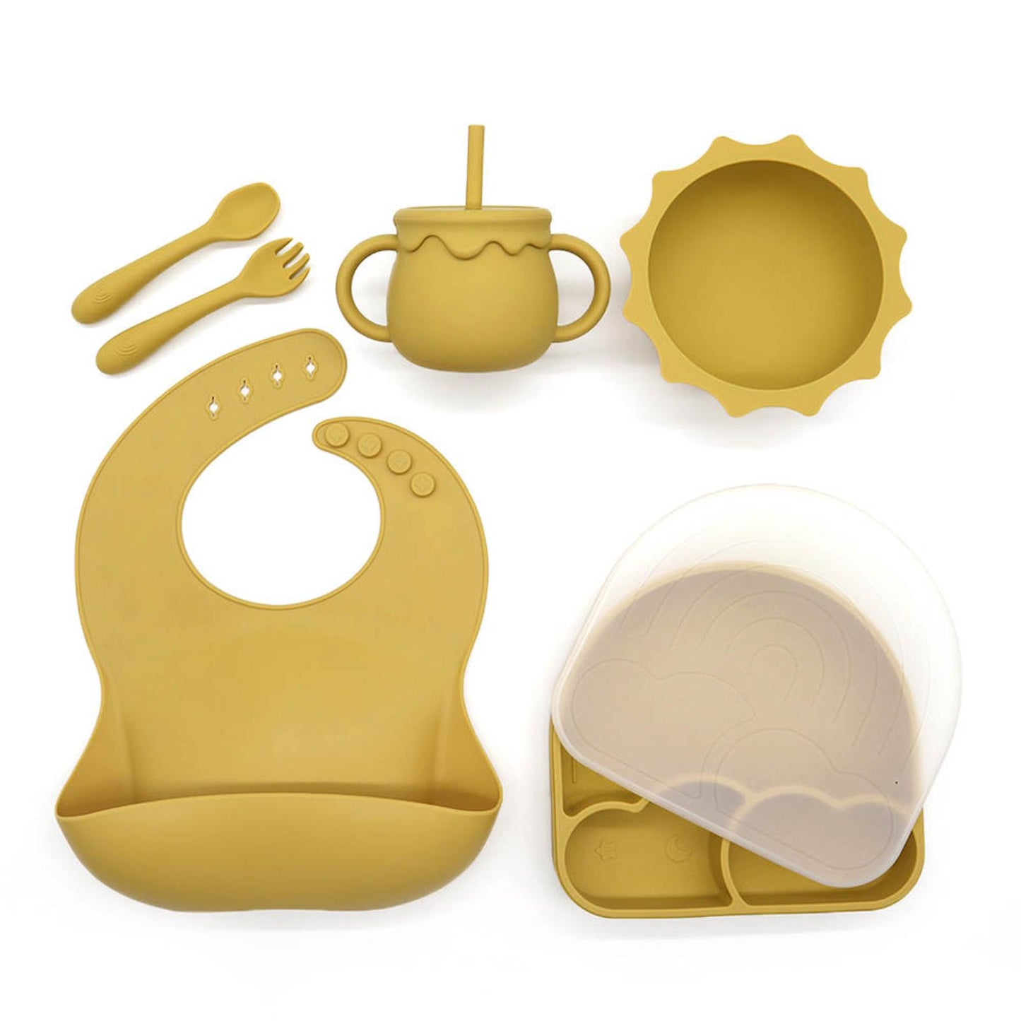 Silicon Baby Suction Plate, Baby Weaning set, Baby/Toddler Dinnerware, Bib, Spoon and Fork